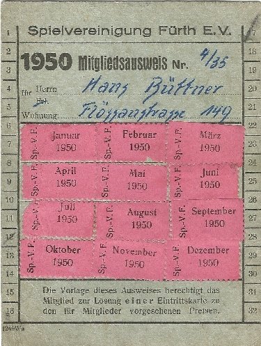 Mitgliedsausweis der SpVgg Fürth von 1950