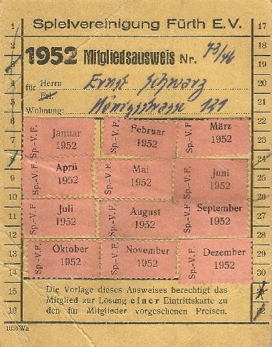 Mitgliedsausweis der SpVgg Fürth von 1952