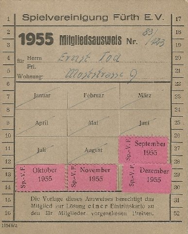 Mitgliedsausweis der SpVgg Fürth von 1955
