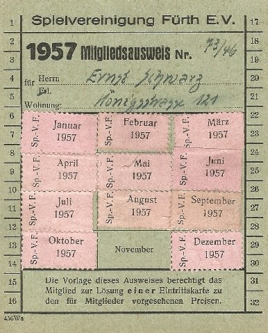 Mitgliedsausweis der SpVgg Fürth von 1957